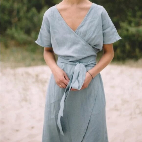 Linenfox Mimosa Linen Wrap Dress Green Pockets Timeless Ethical Sz S/M B18 - Picture 3 of 9